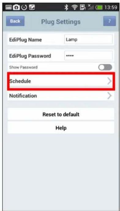 Back Plug Settings EdiPlug Name Lamp EdiPlug Password **** Show Password Schedule > Notification > Reset to default Help