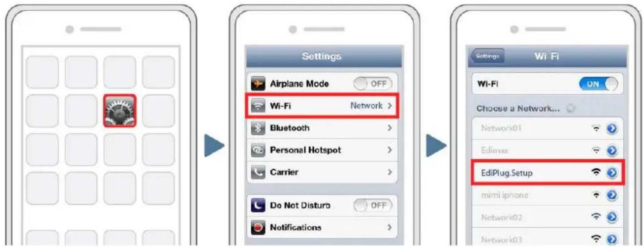Settings Airplane Mode OFF Wi-Fi Network > Bluetooth > Personal Hotspot > Carrier > Do Not Disturb OFF Notifications > Editimax EdiPlug.Setup mimi iphone Network02 Network03 Wi-Fi ON