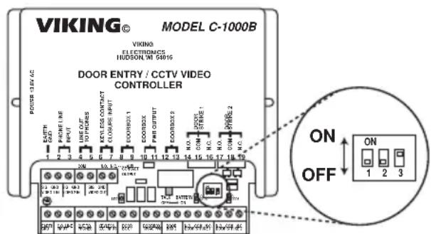VIKING® MODEL C-1000B VIKING® ELECTRODACS HUDSON, WI 50616 DOOR ENTRY / CCTV VIDEO CONTROLLER POWER: 12.4 AC 1 2 3 4 5 6 7 8 9 10 11 12 13 14 15 16 17 18 19 ON OFF ON 1 2 3