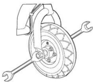Technical line drawing of a bicycle wheel assembly with wrench and nut (no text or symbols)
