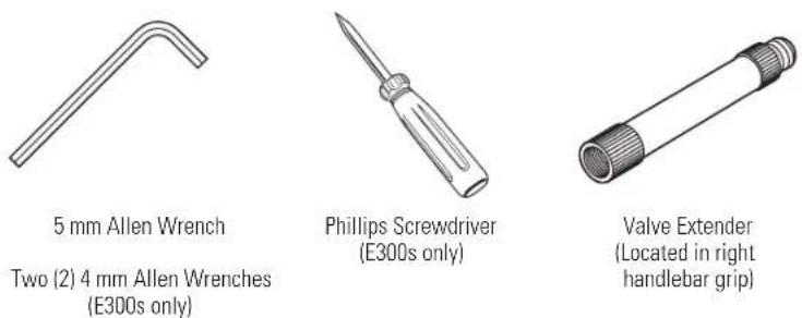 5 mm Allen Wrench Two (2) 4 mm Allen Wrenches (E300s only) Phillips Screwdriver (E300s only) Valve Extender (Located in right handlebar grip)