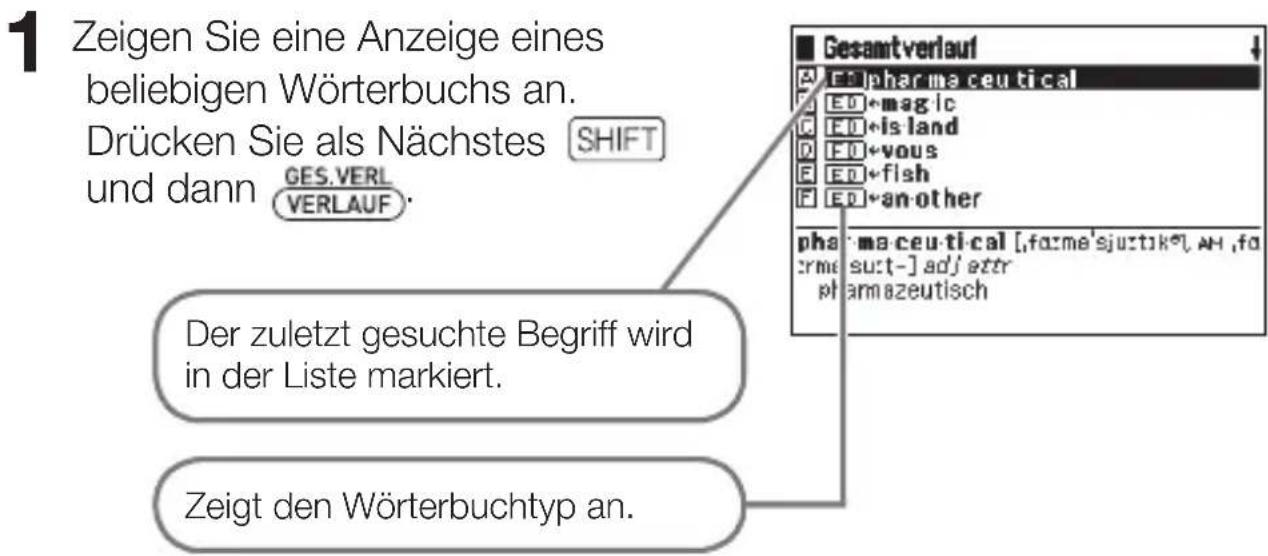Zeigen Sie eine Anzeige eines beliebigen Wörterbuchs an. Drücken Sie als Nächstes SHIFT und dann GES.VERL VERLAUF. Der zuletzt gesuchte Begriff wird in der Liste markiert. Zeigt den Wörterbuchtyp an.