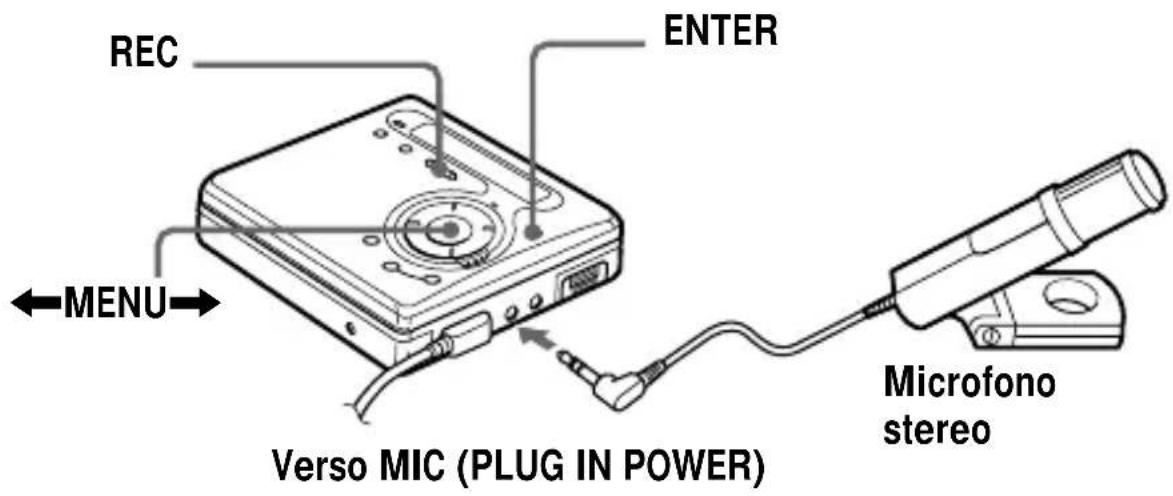 REC ENTER MENU Verso MIC (PLUG IN POWER) Microfono stereo