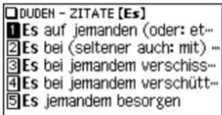 □DUDEN - ZITATE [Es] 1 Es auf jemanden (oder: et... 2 Es bei (seitener auch: mit) ... 3 Es bei jemandem verschiss... 4 Es bei jemandem verschütt... 5 Es jemandem besorgen