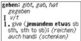 geben; gibt, gab, hat gegeben I v/t 1. give (jemandem etwas sb sth, sth to sb); (reichen) auch hand; (schenken)