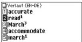 Menu-Einstellungen 1 Tastenton [EIN]→AUS 2 Batterie sparen [5 min] 3 LCD-Kontrast 4 Verlauf löschen 5 My Words löschen