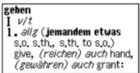 geben I v/t 1. allg (jemandem etwas s.o. s.th., s.th. to s.o.) give, (reichen) such hand, (gewähren) such grant: