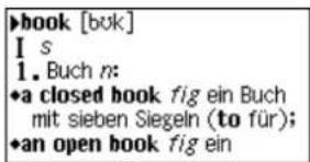 ►book [buk] I s 1. Buch n: •a closed book fig ein Buch mit sieben Siegeln (to für); •an open book fig ein