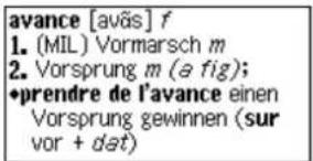 avance [aväs] f 1. (MIL) Vormarsch m 2. Vorsprung m (a fig); •prendre de l'avance einen Vorsprung gewinnen (sur vor + dat)