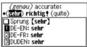(genou) accurate: *(sehr) richtig! (quite) Sprung [sehr] 1 DE-EN: sehr 2 DE-FR: sehr 3 DUDEN: sehr