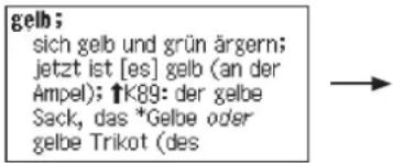 gelb; sich gelb und grün ärgern; jetzt ist [es] gelb (an der Ampel); ↑K89: der gelbe Sack, das *Gelbe oder gelbe Trikot (des