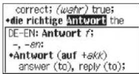 correct; (wahr) true; •die richtige Antwort the DE-EN: Antwort f; -, -en: •Antwort (auf +skk) answer (to), reply (to);