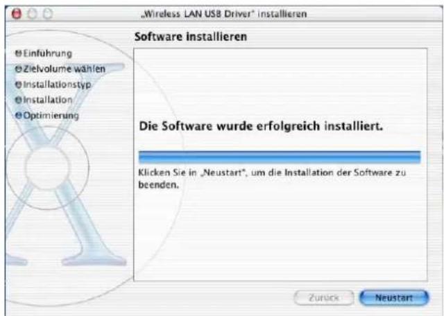 „Wireless LAN USB Driver* installieren Software installieren Die Software wurde erfolgreich installiert. Klicken Sie in „Neustart“, um die Installation der Software zu beenden. Zurück Neustart