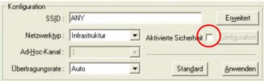 Konfiguration SSID : ANY Erweitert Netzwerktyp : Infrastruktur Aktivierte Sicherheit □Configuration Ad-Hoc-Kanal : 1 Übertragungsrate : Auto Standard Anwenden