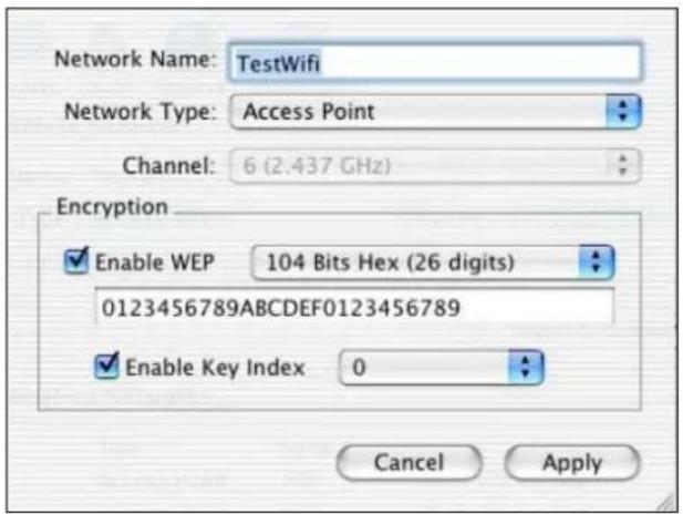 Network Name: TestWifi Network Type: Access Point Channel: 6 (2.437 GHz) Encryption Enable WEP 104 Bits Hex (26 digits) 0123456789ABCDEF0123456789 Enable Key Index 0 Cancel Apply
