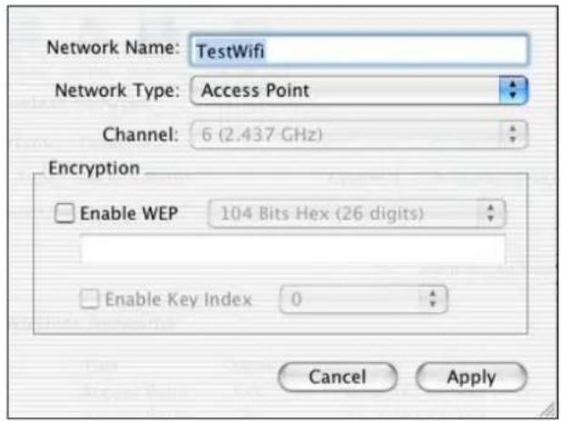 Network Name: TestWifi Network Type: Access Point Channel: 6 (2.437 GHz) Encryption Enable WEP 104 Bits Hex (26 digits) Enable Key Index 0 Cancel Apply
