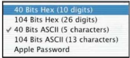 40 Bits Hex (10 digits) 104 Bits Hex (26 digits) ✓ 40 Bits ASCII (5 characters) 104 Bits ASCII (13 characters) Apple Password