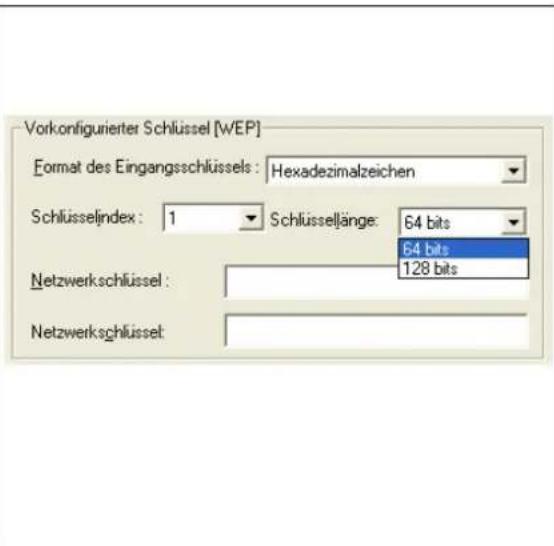 Vorkonfigurierter Schlüssel [WEP] Format des Eingangsschlüssels: Hexadezimalzeichen Schlüsselindex: 1 Schlüsselänge: 64 bits 64 bits Netzwerkschlüssel: 128 bits Netzwerkschlüssel: