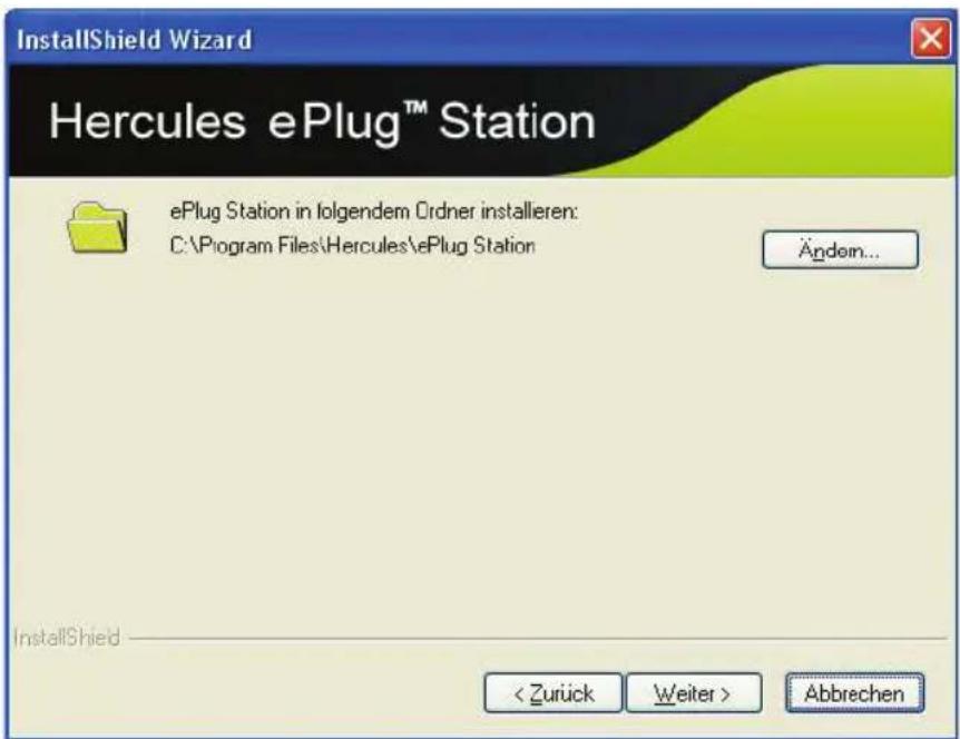 InstallShield Wizard Hercules ePlug™ Station ePlug Station in folgendem Ordner installieren: C:\Program Files\Hercules\ePlug Station Ändem... InstallShield < Zurück Weiter > Abbrechen