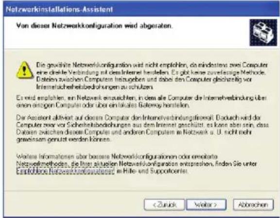 Netzwerkinstallations-Assistant Von dieser Netzwerkkonfiguration wird abgeraten. Die gewährte Netzwerkconfiguration wird nicht empfehlen, die mindestens zwei Computer eine direkte Verbindung mit dem Internet herstellen. Es gibt keine zuverlässige Methode. Daten zwischen Computers Instrugeben und dabei den Computer gleichzeitig vor Infermelsicherheitsbedrochnungen zu schulzen. Es wird empfohlen, ein Netzwerk einszuichten, in dem alle Computer die Internetverbindung über enem einzigen Computer oder über ein fokates Gateway herstellen. Der Assistant aktiviert auf diesem Computer den Internetverbindungfinerezahl. Dadurch wird der Computer vor Sicherheitsbedrochnungen aus dem Internet geschüllt, es kann aber sein, dass Daten zwischen diesem Computer und anderen Computer im Netzwerk u. U. nicht mehr gewinnem genutzt werden können. Wertens Informationen über baserte Netzwerkconfigurationen oder erwartete Netzwerkmethoden, die ligher aktuellen Netzwerkkonfiguration entsprachen, finden Sie unter Empfohlen Netzwerkkonfiguration in Hilfe- und Supportorient. Abbrechen