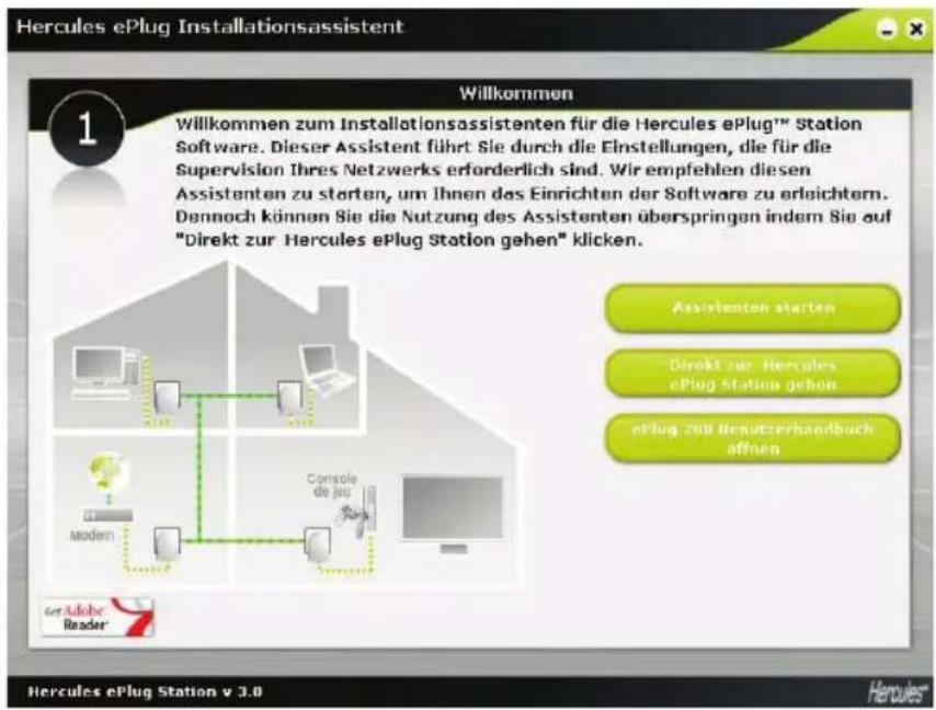 Hercules ePlug Installationsassistent Willkommen 1 Willkommen zum Installationsassistenten für die Hercules ePlug™ Station Software. Dieser Assistent führt Sie durch die Einstellungen, die für die Supervision Ihres Netzwerks erforderlich sind. Wir empfehlen diesen Assistenten zu starten, um Ihnen das Einrichten der Software zu erleichtern. Dennoch können Sie die Nutzung des Assistenten überspringen indem Sie auf "Direkt zur Hercules ePlug Station gehen" klicken. Assistenten starten Direkt zur Hercules ePlug Station gehen ePlug 200 Hemutszerhandbuch offnen Moden Console de jeu get Adobe Reader Hercules ePlug Station v 3.0 Hercules