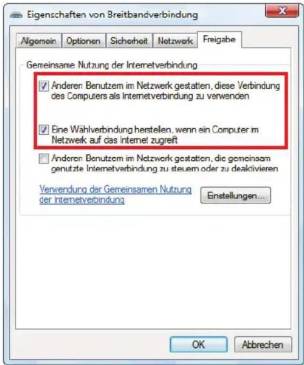 Eigenschaften von Breitbandverbindung Allgemein Optionen Sicherheit Netzwerk Freigabe Gemeinsame Nutzung der Internetverbindung ✓ Anderen Benutzem im Netzwerk gestatien, diese Verbindung des Computers als Internetverbindung zu verwenden ✓ Eine Wahlverbindung herstellen, wenn ein Computer im Netzwerk auf das Internet zugreft ☐ Anderen Benutzem im Netzwerk gestatien, die gemeinsam genutzte Internetverbindung zu steuern oder zu deaktivieren Verwendung der Gemeinsamen Nutzung der Internetverbindung Einstellungen... OK Abbrechen