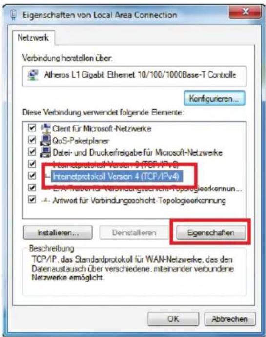 Eigenschaften von Local Area Connection Netzwerk Verbindung herstellen über: Atheros L1 Gigabit Ethernet 10/100/1000Base-T Controlle Konfigurieren... Diese Verbindung verwendet folgende Elemente: Client für Microsoft-Netzwerke QoS-Paketplaner Datei- und Druckerfreigabe für Microsoft-Netzwerke Internetprotokoll Version 3 (TCP/IPv6) Internetprotokoll Version 4 (TCP/IPv4) E/A Referenz für Verbindungsrecht-Topologieerkennun... Antwort für Verbindungsacht-Topologieerkennung Installieren... Deinstallieren Eigenschaften Beschreibung TCP/IP, das Standardprotokoll für WAN-Netzwerke, des den Datenaustausch über verschiedene, interander verbundene Netzwerke ermöglicht. OK Abbrechen