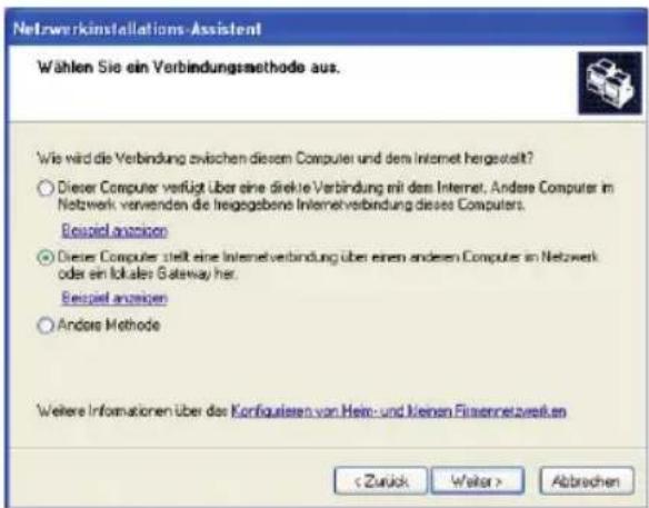 Netwerkinstallations-Assistent Wählen Sie ein Verbindungsethode aus. Wise wird die Verbindung zwischen diesem Computer und dem Internet hergestellt? ○ Dieser Computer verfügt über eine direkte Verbindung mit dem Internet. Andere Computer im Netzwerk verwenden die hiragogobene Internetverbindung dieses Computers. Eispiel anzeigen ○ Dieser Computer stellt eine Internetverbindung über einen anderen Computers in Netzwerk oder ein lokaler Gateway her. Eispiel anzeigen ○ Andere Methode Weitere Informationen über das Konfiguieren von Heir- und kleinen Filmennetzweiten Abbrachen