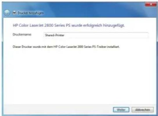 Drucker HinzuAlign HP Color LaserJet 2800 Series PS wurde erfolgreich hinzugefügt. Druckenname: Shared-Printer Dieser Drucker wurde mit dem HP Color LaserJet 2800 Series PS-Treiber installiert.