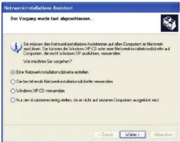 Netzwerkinstallations-Assistant Der Vorgang wurde fast abgeschlossen... Sie müssen den Netzwerkinstallations-Assistenten auf allen Computers in Netzwerk ausführen. Sie können die Windows XP-CD oder eine Netzwerkinstallationsdokelle auf Computen, die nicht Windows XP ausführen, verwenden. Wie möchten Sie vorgehen? ● Eine Netzwerkinstallationsdokelle erstellen ○ Die bestehende Netzwerkinstallationsdokelle verwenden ○ Windows XP-CD verwenden ○ Nur den Assistenten festig stellen, da er nicht auf anderen Computer ausgeführt wird ( Zuzuk Waler > Abtrechen
