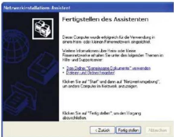 Netzwerkinstallations-Assistent Fertigstellen des Assistenten Dieser Computer wurde erfolgreich für die Verwendung in einem Heim- oder kleinen Firmernetzwerk singerichtet. Weitere Informationen über Heim- oder kleine Firmernetzwerke erhalten Sie unter den folgenden Themen im Hilfe- und Supportcenter: • Dapm Erdner "Gemeinsame Dokumente" verwenden • Draten und Erdner Headseter! Klicken Sie auf "Start" und dann auf "Netzwerkungebund", um andere Computer in Netzwerk anzuzeigen. Klicken Sie auf "Fertig stellen", um den Vorgang abauschließen < Zurück Fortig stellen Abtarenchen