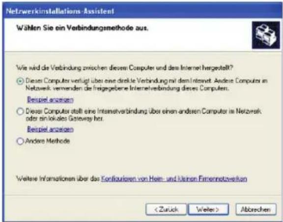 Netzwerkinstallations-Assistent Wählen Sie ein Verbindungsmethode aus. Wie wird die Verbindung zwischen diesem Computer und das Internet hergestellt? ○ Dieser Computer verfügt über eine direkte Verbindung mit dem Internet. Andere Computer im Netzwerk verwenden die frügegebene Internetverbindung dieses Computers. Beispiel angegeben ○ Dieser Computer stellt eine Internetverbindung über einen anderen Computer im Netzwerk oder ein lokales Gateway her. Beispiel angegeben ○ Andere Methode Weitere Informationen über das Kontrollieren von Hein- und kleinen Einmetnetzwecken Abbrechen