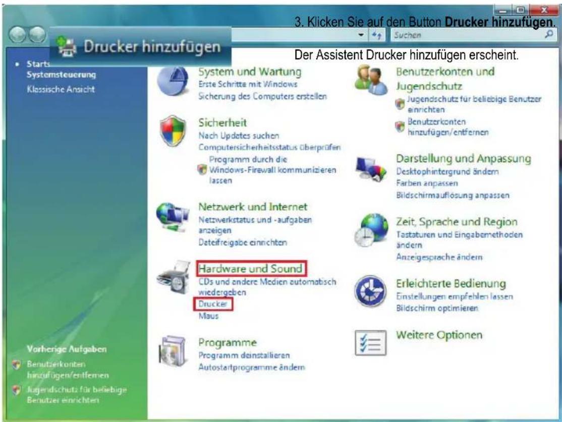 Drucker hinzufügen Starts Systemsteuerung Klassische Ansicht Vorherige Aufgaben Benutzerkonten hinzufügen/entfernen Jugendschutz für beliebige Benutzer einrichten System und Wartung Erste Schritte mit Windows Sicherung des Computers erstellen Sicherheit Nach Updates suchen Computersicherheitsstatus überprüfen Programm durch die Windows-Firewall kommunizieren lassen Netzwerk und Internet Netzwerkstatus und -aufgaben anzeigen Dateifreigabe einrichten Hardware und Sound CDs und andere Medien automatisch wiedergeben Drucker Maus Programme Programm deinstallieren Autostartprogramme ändern Der Assistent Drucker hinzufügen erscheint. Benutzerkonten und Jugendschutz Jugendschutz für beliebige Benutzer einrichten Benutzerkonten hinzufügen/entfernen Darstellung und Anpassung Desktophintergrund ändern Farben anpassen Bildschirmauflösung anpassen Zeit, Sprache und Region Tastaturen und Eingabernethoden ändern Anzeigesprache ändern Erleichterte Bedienung Einstellungen empfehlen lassen Bildschirm optimieren Weitere Optionen