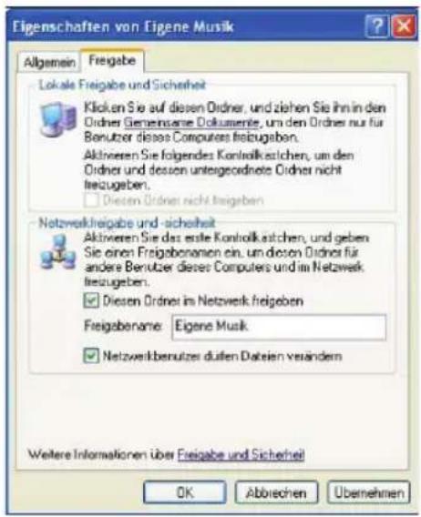 Eigenschaften von Eigene Musik Allgemein Freigabe Lokale Freigabe und Sicherheit Klicken Sie auf diesen Ordner, und ziehen Sie ihn in den Ordner Gemeinsame Dokumente, um den Ordner nur für Benutzer diese Computers freizugeben. Aktivenen Sie folgendes Kontrollkastchen, um den Ordner und dessen untergeordnete Ordner nicht freizugeben. Diesen Ordner nicht freigeben Netzwerkfreigabe und sicherheit Aktivenen Sie das erste Kontrollkastchen, und geben Sie einen Freigabenamen ein, um diesen Ordner für andere Benutzer diese Computers und im Netzwerk freizugeben. Diesen Ordner im Netzwerk freigeben Freigabename: Eigene Musik Netzwerkbenutzer duilen Daten verändern Weitere Informationen über Freigabe und Sicherheit OK Abbrechen Übernehmen