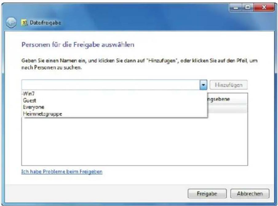 Datefreigabe Personen für die Freigabe auswählen Geben Sie einen Namen ein, und klicken Sie dann auf "Hinzufügen", oder klicken Sie auf den Pfeil, um nach Personen zu suchen. Win7 Guest Everyone Heimnetzgruppe Hinzufügen ngsebene Ich habe Probleme beim Freigeben Freigabe Abbrechen