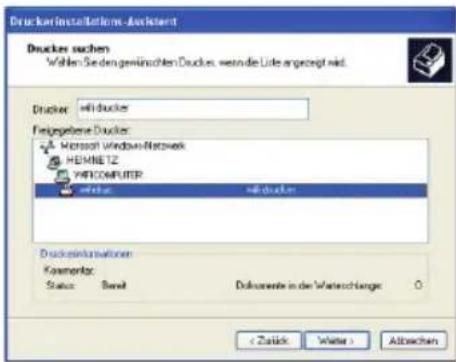 Drucker installations-davkstert Drucker suchen Wahlen Sie den gewinnlichen Druckes, wenn die Liste angezeigt wird. Drucker =drucker Eingegebene Druckes: Microsoft Windows-Network HEMNETZ YMECOMPUTER drucker =drucker Druckseraktionskriter Kategorie: Status: Benefit Dokumente in der Wertschange: < Zustück Weiter > Altbrachten