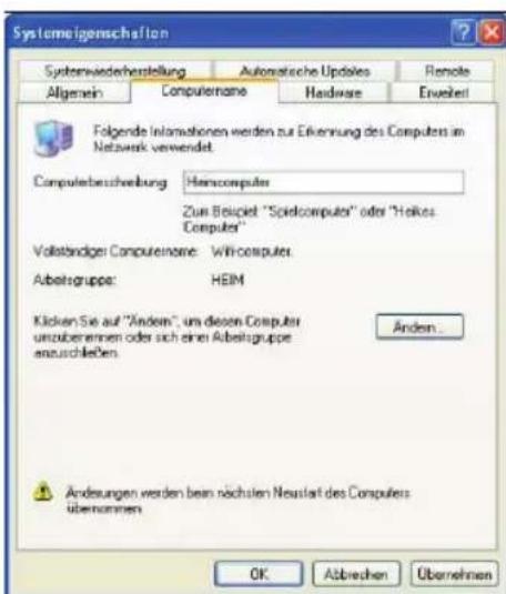 Systemeigenschaften Systemwiederherstellung Automatiche Updates Remote Allgemein Computername Hardware Enveiert Folgende Informationen werden zur Einkennung des Computers im Netzwerk verwendet. Computerbeschreibung: Henscomputer Zur Beispiel: "Spielcomputer" oder "Helios Computer" Vollständiger Computername: Willcomputer. Arbeitsgruppe: HEIM Klicken Sie auf "Andem", um diesen Computer unzuberinnen oder sich einer Arbeitgruppe ansuschießen Andem... Änderungen werden kein nächsten Neusiat des Computers übernommen OK Abbrücken Übernehmen