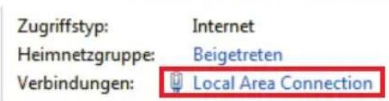 Zugriffstyp: Internet Heimnetzgruppe: Beigetreten Verbindungen: Local Area Connection