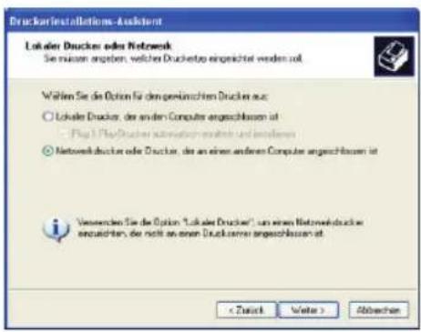 Drucker Installations-Assistent Lokale Drucker oder Network Sie müssen angeben, welcher Duchetspe eingeschaltet werden soll. Walten Sie die Option für den genürschenden Drucker aus: ○ Lokale Drucker, der anderen Computer ergeschlossen ist (Pla 1. Plus Drucker automation software und installen) ○ Network driver oder Drucker, der an einen anderen Computer ergeschlossen ist Verwerten Sie die Option "Lokale Drucker", um einen Network driver encoulteten, der nicht an einen Druckserver ergeschlossen ist < Zutärk Weiter > Abwechen