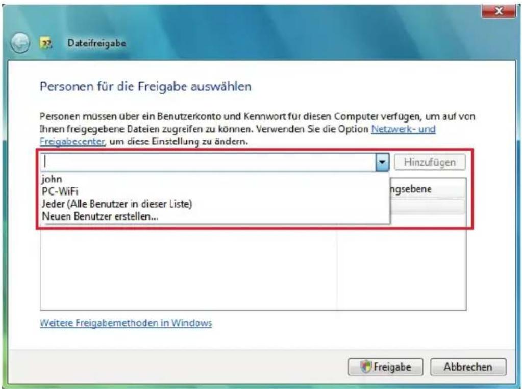 Personen für die Freigabe auswählen Personen müssen über ein Benutzerkonto und Kennwort für diesen Computer verfügen, um auf von Ihnen freigegebene Dateien zugreifen zu können. Verwenden Sie die Option Netzwerk- und Freigabecenter, um diese Einstellung zu ändern. Hinzufügen john PC-WiFi Jeder (Alle Benutzer in dieser Liste) Neuen Benutzer erstellen... ngsebene Weitere Freigabemethoden in Windows Freigabe Abbrechen