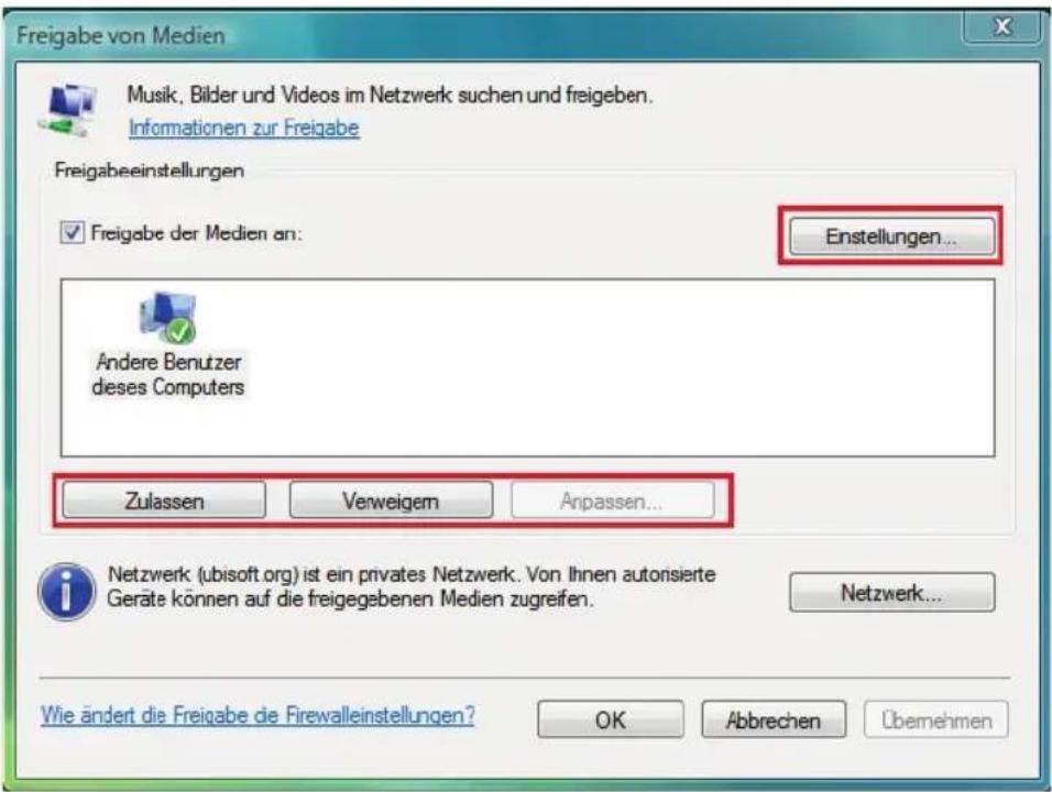 Freigabe von Medien Musik, Bilder und Videos im Netzwerk suchen und freigeben. Informationen zur Freigabe Freigabeeinstellungen ✓ Freigabe der Medien an: Enstellungen... Andere Benutzer deses Computers Zulassen Verweigem Anpassen... Netzwerk (ubisoft.org) ist ein privates Netzwerk. Von Ihnen autonsierte Geräte können auf die freigegebenen Medien zugreifen. Netzwerk... Wie ändert die Freigabe de Firewalleinstellungen? OK Abbrechen Übernehmen