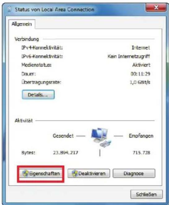 Status von Local Area Connection Allgemein Verbindung IPv4-Konnektivität: Internet IPv6-Konnektivität: Ken Internetzugriff Medienstatus: Aktiviert Dauer: 00:11:29 Übertragungsrate: 1,0 GBit/s Details... Aktivität Gesendet — Empfangen Bytes: 23.894.217 715.728 Eigenschaften Deaktivieren Diagnose Schließen