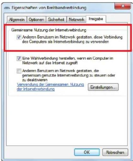 Eigenschaften von Breitbandverbindung Algemein Optionen Sicherheit Netzwerk Freigabe Gemeinsame Nutzung der Internetverbindung ✓ Anderen Berutzem im Netzwerk gestatten, diese Verbindung des Computers als Internetverbindung zu verwenden ✓ Eine Wahlverbindung herstellen, wenn ein Computer im Netzwerk auf das Internet zugriff ☐ Anderen Berutzem im Netzwerk gestatten, die gemeinsam genutzte Internetverbindung zu steuern oder zu deaktivieren Verwendung der Gemeinsamen Nutzung der Internetverbindung Einstellungen . OK Abbrevchen