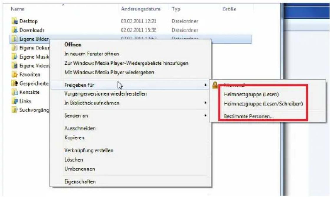 Name Änderungsdatum Typ Große Desktop 03.02.2011 12:21 Dateiordner Downloads 02.02.2011 15:36 Dateiordner Eigene Bilder 03.02.2011 12:57 Deutschman Öffnen In neuem Fenster öffnen Zur Windows Media Player-Wiedergabeliste hinzufügen Mit Windows Media Player wiedergeben Freigeben für Vorgängerversionen wiederherstellen In Bibliothek aufnehmen Senden an Ausschneiden Kopieren Verknüpfung erstellen Löschen Umbenennen Eigenschaften Niemensl Heimnetzgruppe (Lesen) Heimnetzgruppe (Lesen/Schreiben) Bestimmte Personen...