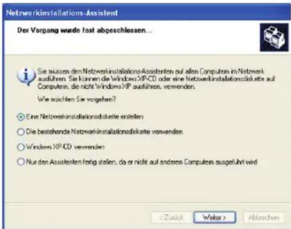 Netzwerkinstallations-Assistent Der Vorgang wurde fast abgeschlossen... Sie müssen den NetzwerkinstallationsAssistenten auf allen Computers in Netzwerk ausführen. Sie können die Windows XP-CD oder eine Netzwerkinstallationsdiskette auf Computers, die nicht Windows XP ausführen, verwenden. We möchten Sie vorgehen? Eine Netzwerkinstallationsdiskte erstellen Die bestehende Netzwerkinstallationsdiskte verwenden Windows XP-CD verwenden Nur den Assistenten fortig stellen, da er nicht auf anderen Computers ausgeführt wird Abbrechen