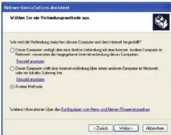 Netzwerkinstallations-Assistent Wählen Sie ein Verbindungsmethode aus. Wie wird die Verbindung zwischen diesem Computer und dem Internet hergestellt? ○ Dieser Computer verfügt über eine direkte Verbindung mit dem Internet. Andere Computer im Netzwerk verwenden die fargegebene Internetverbindung dieses Computers. Bespiel anzeizen ○ Dieser Computer stellt eine Internetverbindung über einen anderen Computer im Netzwerk, oder ein lokale Gateway her. Bespiel anzeizen ○ Andere Methode Weitere Informationen über das Konfiguieren von Heinz- und Heinen Fisemnetzwecken Abbrachen