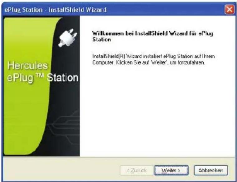 ePlug Station - InstallShield Wizard Hercules ePlug™ Station Willkommen bei InstallShield Wizard für ePlug Station InstallShield(R) Wizard installiert ePlug Station auf Ihrem Computer. Klicken Sie auf 'Weiler', um lortzufahren.