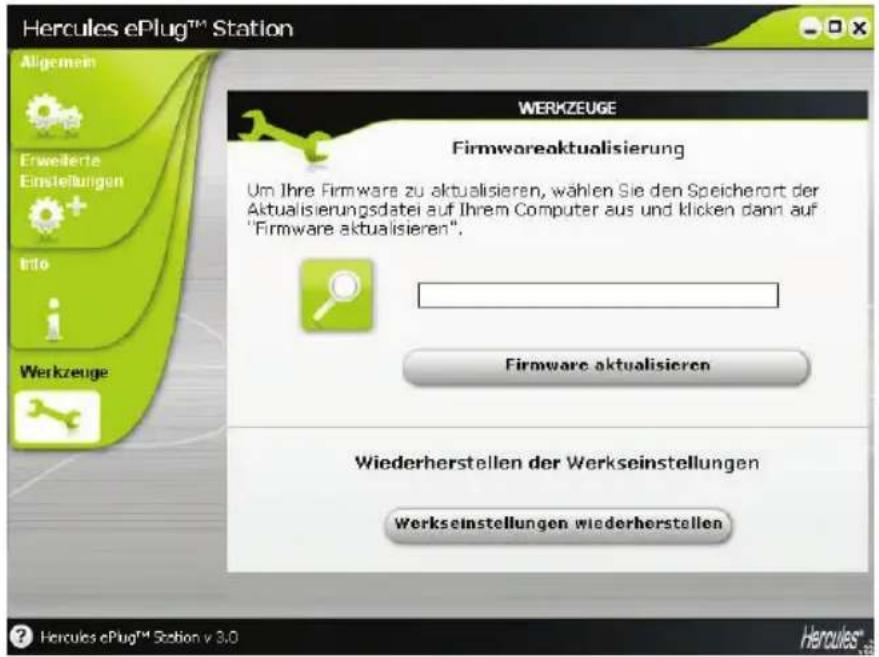 Hercules ePlug™ Station WERKZEUGE Firmwareaktualisierung Um Ihre Firmware zu aktualisieren, wählen Sie den Speicherort der Aktualisierungsdatel auf Ihrem Computer aus und klicken dann auf "Firmware aktualisieren". Firmware aktualisieren Wiederherstellen der Werkseinstellungen Werkseinstellungen wiederherstellen ? Hercules ePlug™ Section v 3.0