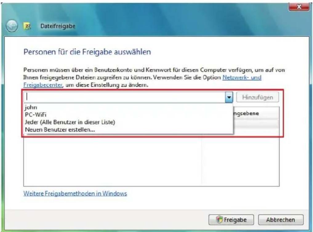 Dateifreigabe Personen für die Freigabe auswählen Personen müssen über ein Benutzerkonto und Kennwort für diesen Computer verfügen, um auf von Ihnen freigegebene Dateien zugreifen zu können. Verwenden Sie die Option Netzwerk- und Freigabecenter, um diese Einstellung zu ändern. I john PC-WiFi Jeder (Alle Benutzer in dieser Liste) Neuen Benutzer erstellen... Hinzufügen ngsebene Weitere Freigabemethoden in Windows Freigabe Abtrechen