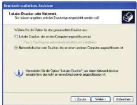 DruckerInstallations Assistent Lakuten Drucker oder Network Sie müssen angehen, welcher Drucktop angeschaltet worden soll Wählen Sie die Option für den gewerblichen Drucker aus: ○ Lakuten Drucker, der an einem Computer angeschlossen ist ● Plus 5-PointDruckte ausverbindlich erwechselt installiert ○ NetworkDrucker oder Drucktes, der an einem anderen Computer angeschlossen ist Vervender Sie die Option "Lakuten Drucker", wo einem NetworkDrucker enpassieren, der nicht an einem Druckten der angeschlossen ist. Abbrachten